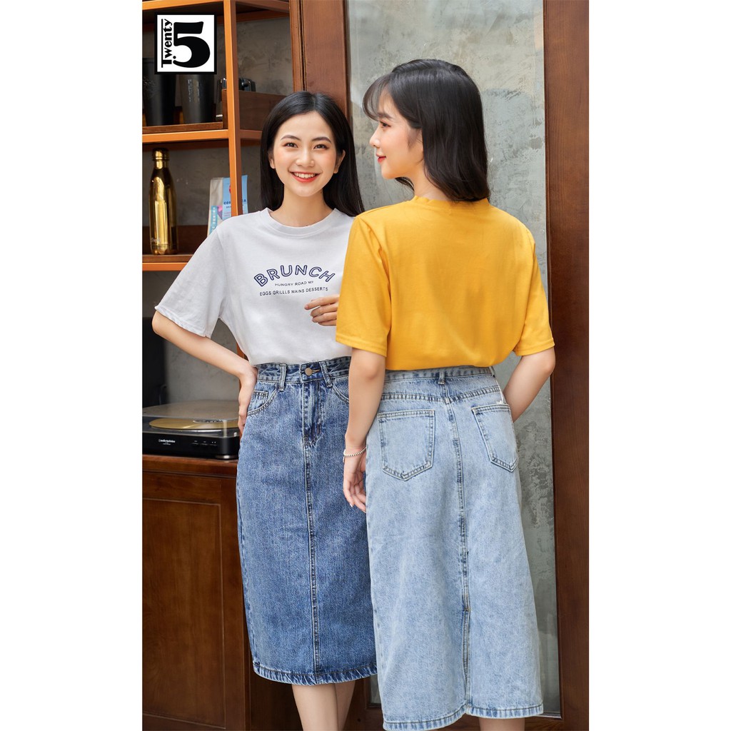 Chân váy jeans nữ mềm eo cao dáng dài xẻ sau Twentyfive Fashion 4089