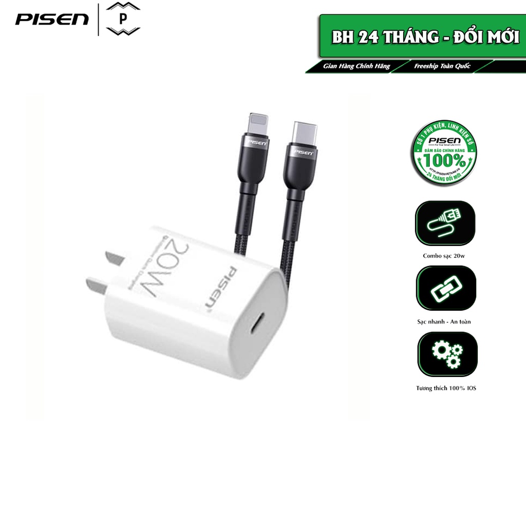 Combo cốc cáp sạc Pisen QUICK PD 20W Quick Type - C to L 3A braided 1000mm-Hàng