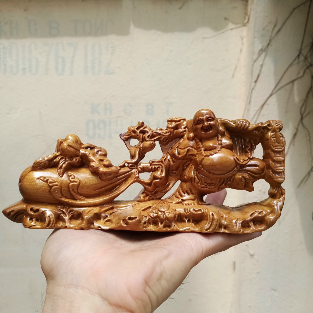 Tượng Gỗ Hình Phật Di Lặc Kéo Bao, Tượng Trang Trí Phòng Làm Việc, Taplo Ô Tô