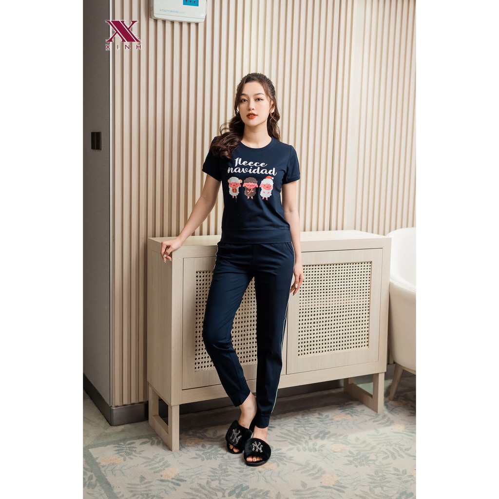 Set bộ đồ thể thao nữ Xinh -hoạ tiết cừu chất cotton cổ tròn quần dài tay cộc - X395