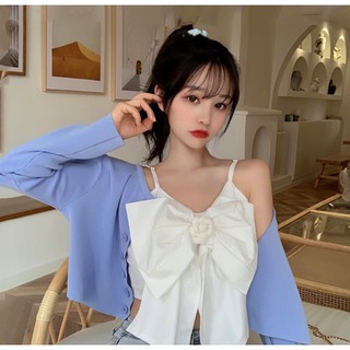 (SẴN M XANH) Set áo JENNIE BLACKPINK hai dây cổ nơ + áo khoác cardigan hot trend hè 2020 (đăng kèm ảnh thật)