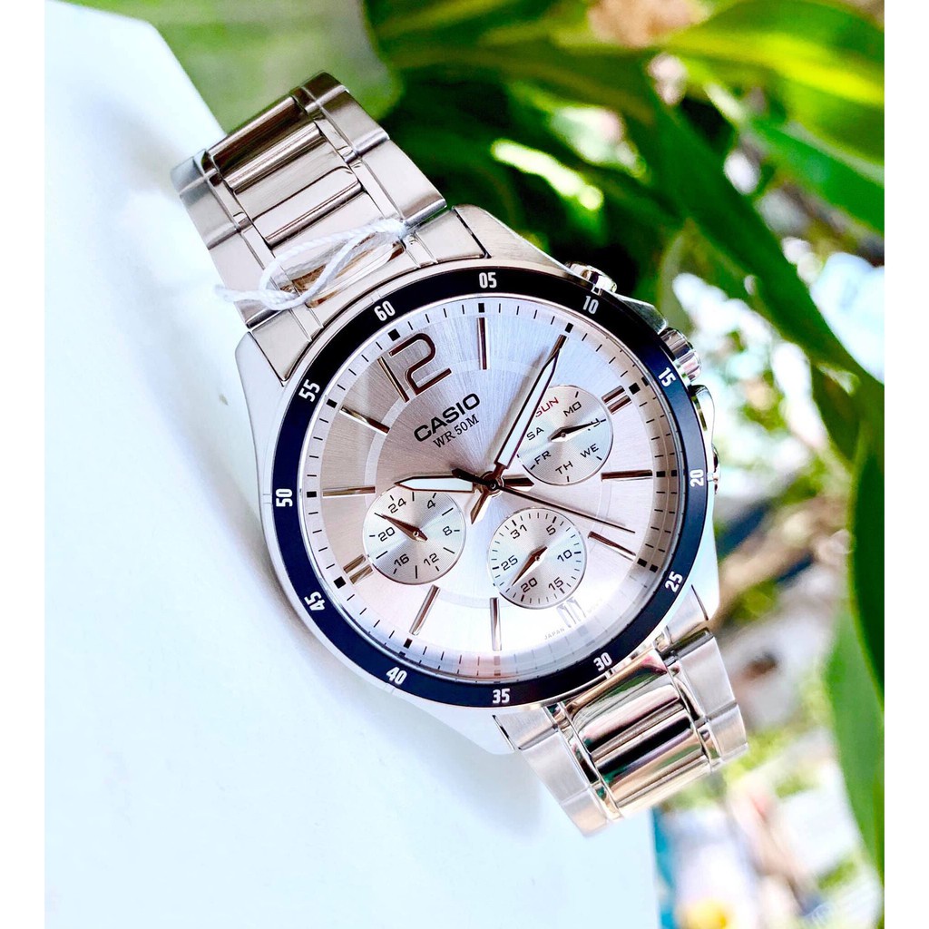 Đồng hồ Nam Casio MTP-1374D-7AV, đồng hồ chính hãng, dây bạc mặt trắng viền đen 6 kim