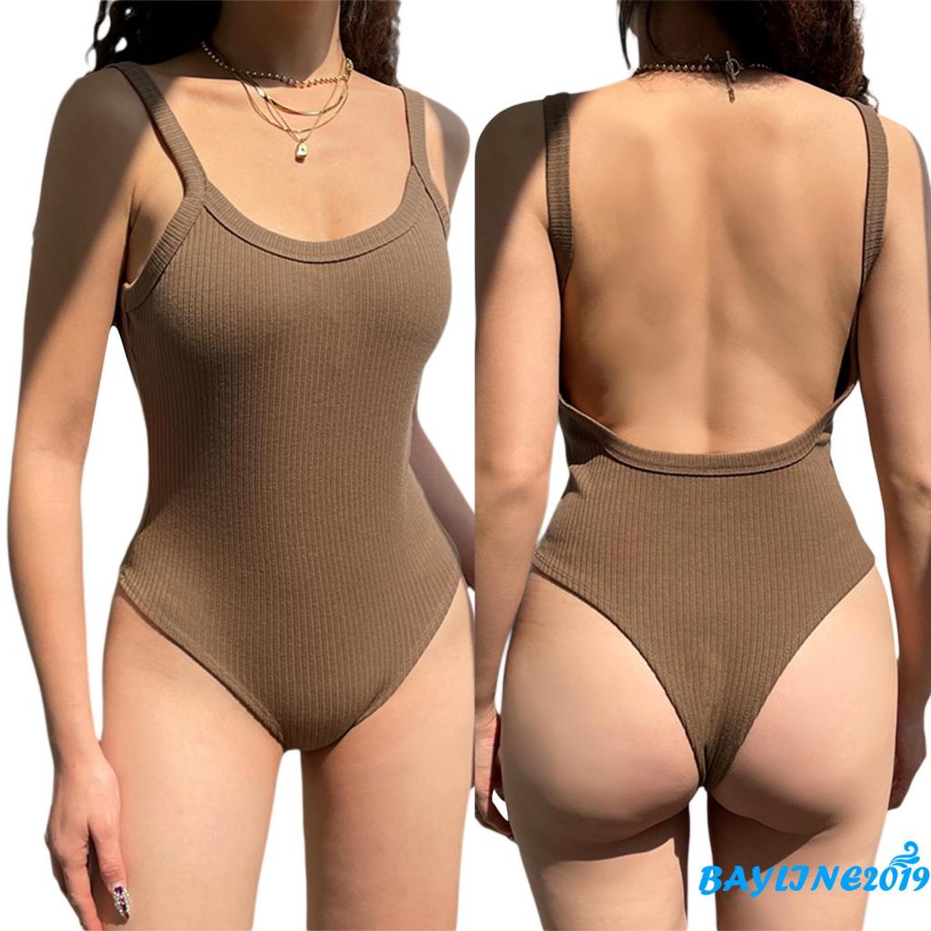 BAY-Women Suspender Bodysuit Solid Color Ribbed U Neck Backless Leotard Tops One-piece Romper Clothes | BigBuy360 - bigbuy360.vn