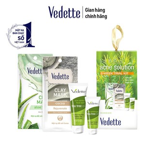 Bộ dưỡng da ngừa mụn tràm trà mini Vedette Tea Tree Oil Acne Solution - SRM 20ml, Gel 8ml, MNĐS 12g Bùn & Nha Đam