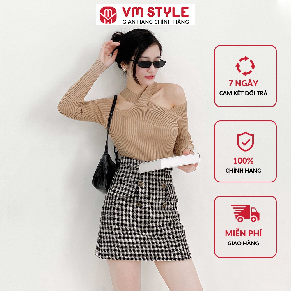 Áo len nữ dài tay VMSTYLE cổ chéo hở vai dáng ôm body sexy - 21ALU12N162102