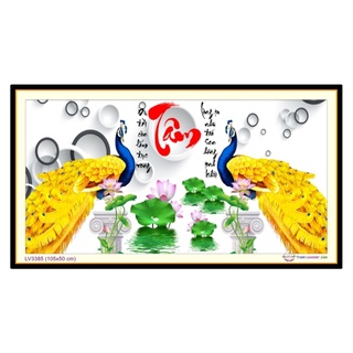 Tranh thêu chữ thập Chữ Tâm - Khổng Tước LV3385 kt 105x50cm