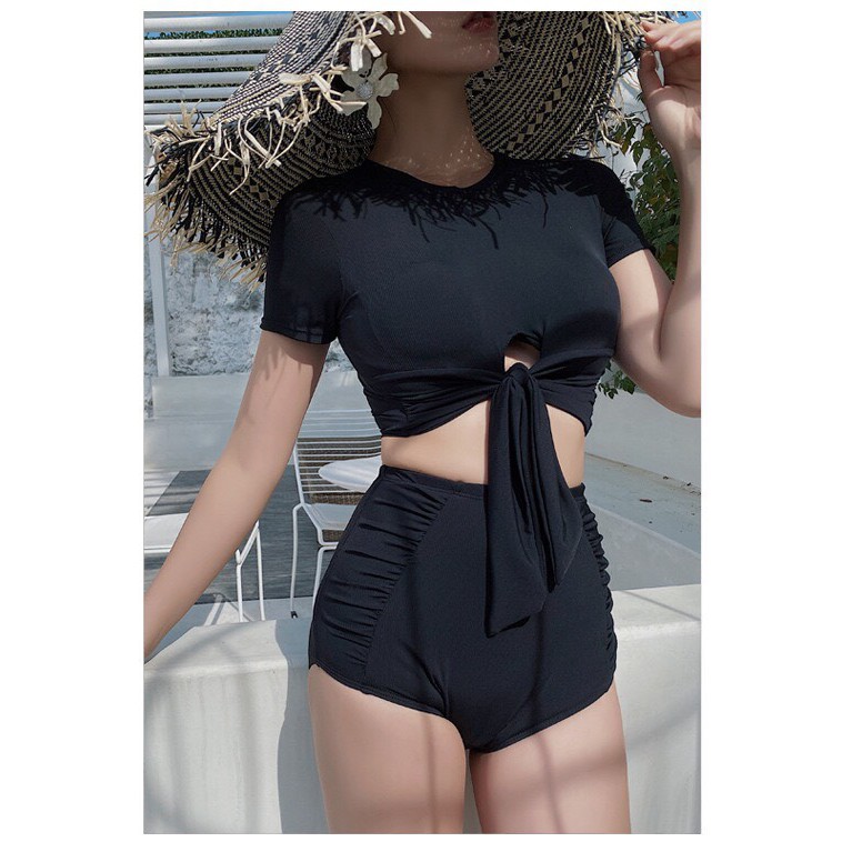 Bikini 2 mảnh áo tay ngắn cột nơ bụng kín đáo, chất liệu co dãn thoải mái