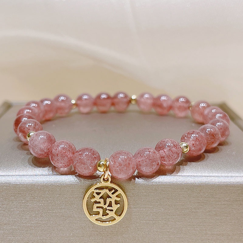 Vòng Tay Chuỗi Hạt Pha Lê May Mắn 6mm Họa Tiết Dâu Tây May Mắn