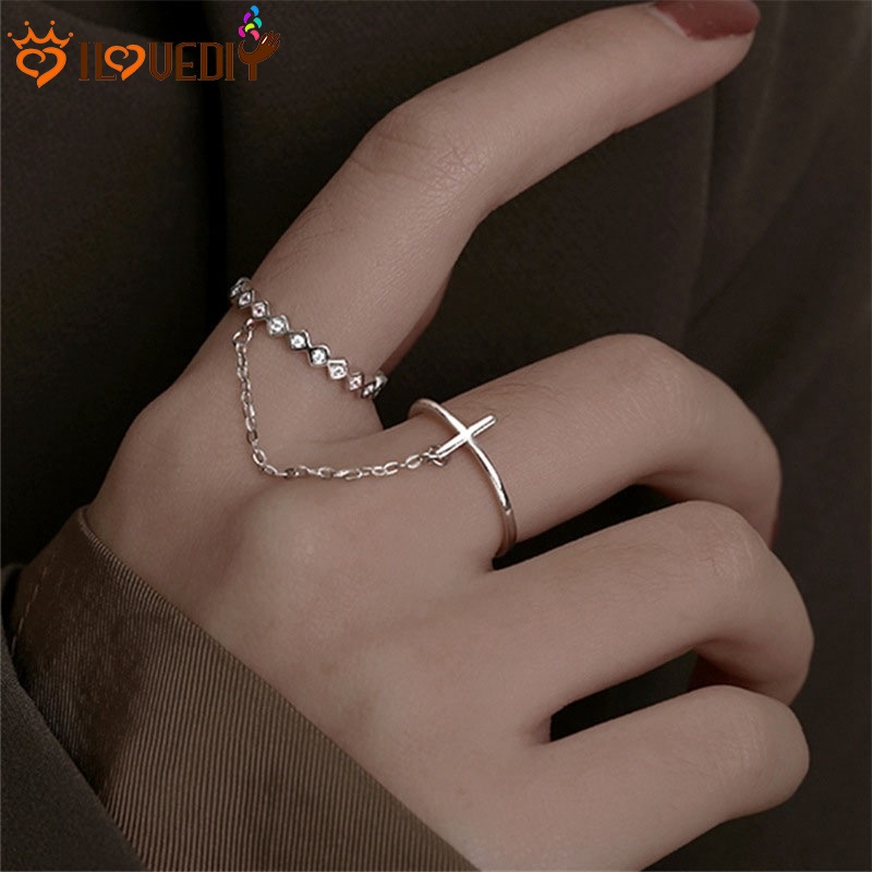 Nhẫn hình học phối dây xích mảnh mịn có thể điều chỉnh thời trang cho nữ