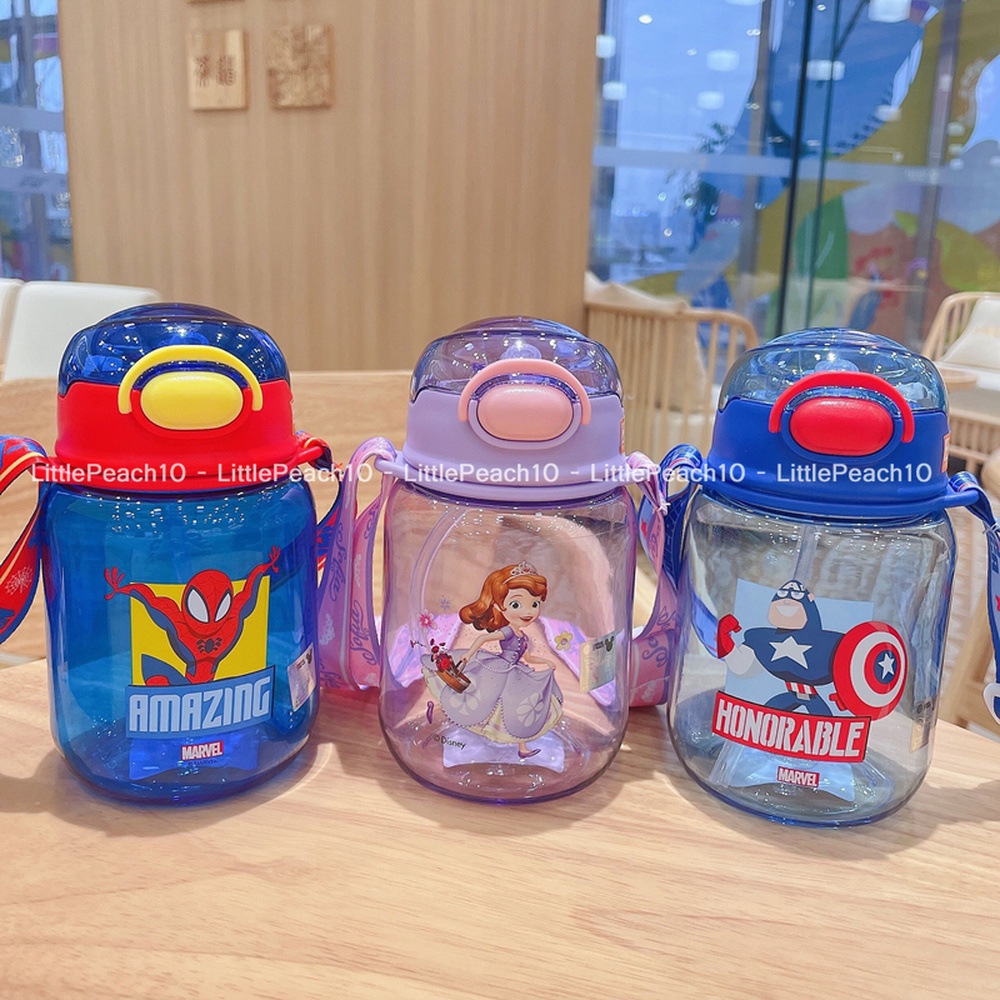 Bình nước Disney có ống hút kèm dây đeo chéo cao cấp hình Minnie và Spiderman siêu HOT 480ml cho bé