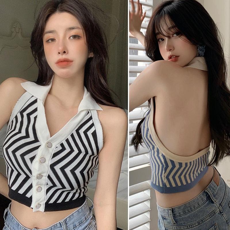 Áo sát nách dệt kim hoạ tiết kẻ sọc cho nữ