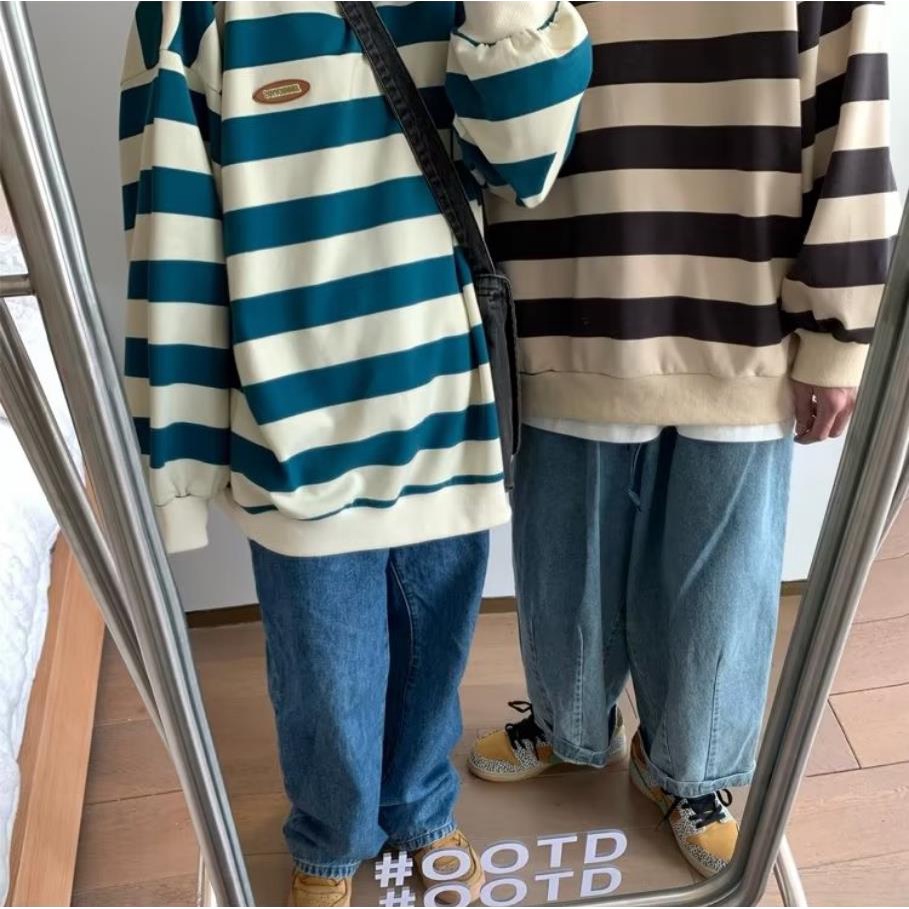 Size M-5XL Áo Sweater Cổ Tròn Dáng Rộng Họa Tiết Kẻ Sọc Màu Tương Phản Phong Cách Nhật Bản Thời Trang Cho Nam Và Nữ