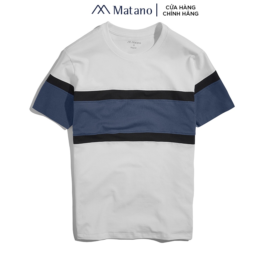 Áo thun nam cổ tròn phối ngang MATANO AT063, ngắn tay đơn giản dễ mặc vải cotton 4 chiều, thấm hút mồ hôi, thoáng mát