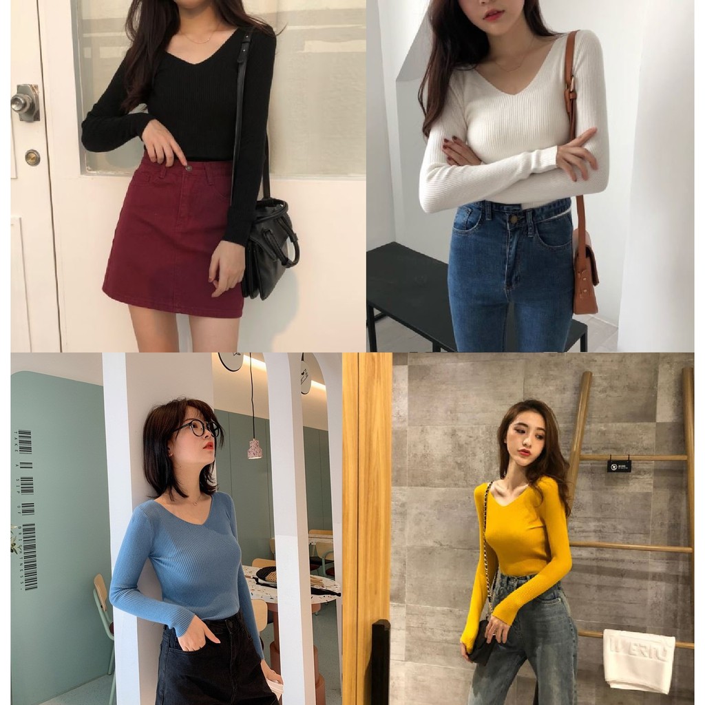 Áo len tăm cổ tim V nữ mềm mịn co giãn nhiều màu dễ phối đồ hàng Quảng Châu loại 1 AL02 | BigBuy360 - bigbuy360.vn