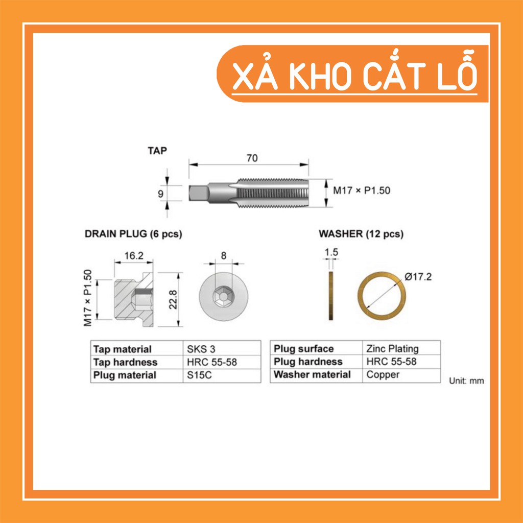 (xả kho) Bộ Taro Ren Ốc Rốn Dầu Xe Hơi M17 x 1.5P