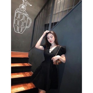 Đầm tay bồng chíp tùng cổ V