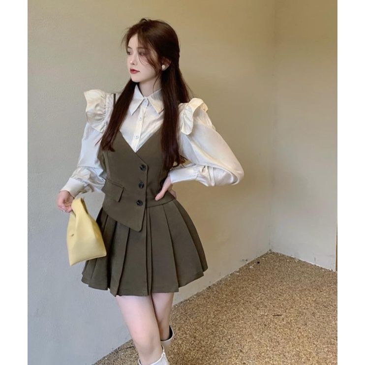 Set Áo Sơ Mi Và Chân Váy Xếp Ly Thời Trang Mùa Thu Chất Lượng Cao