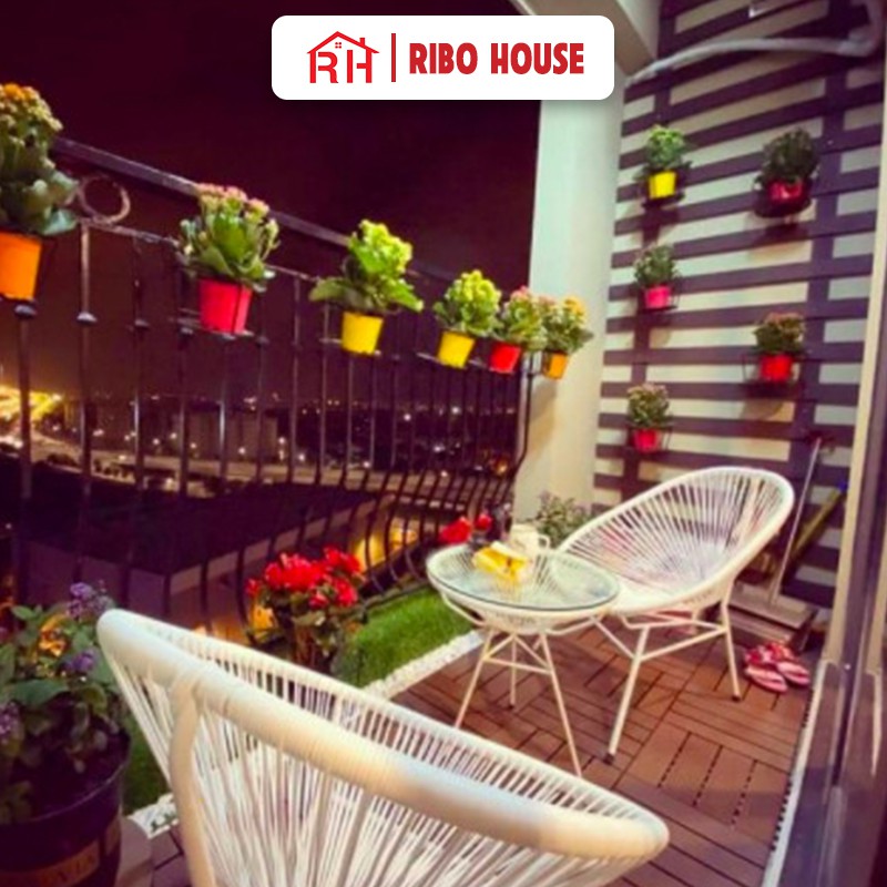 Bộ bàn ghế ban công ngoài trời RIBO HOUSE gồm bàn cafe và 2 ghế mây nhựa khung kim loại trang trí phòng khách RIBO43