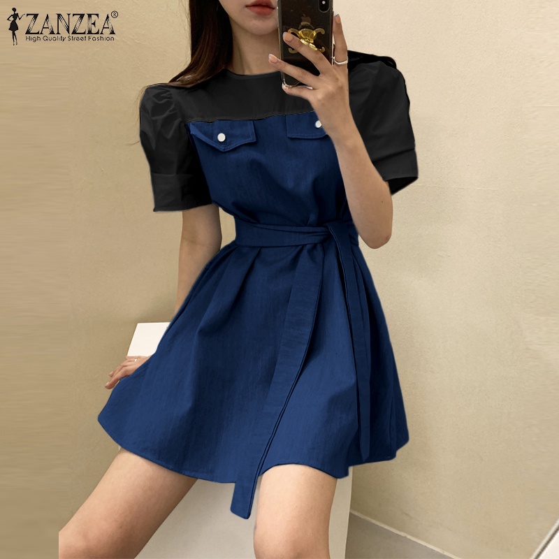 Zanzea Đầm Ngắn Tay Phồng Phối Màu Tương Phản Thời Trang Dành Cho Nữ