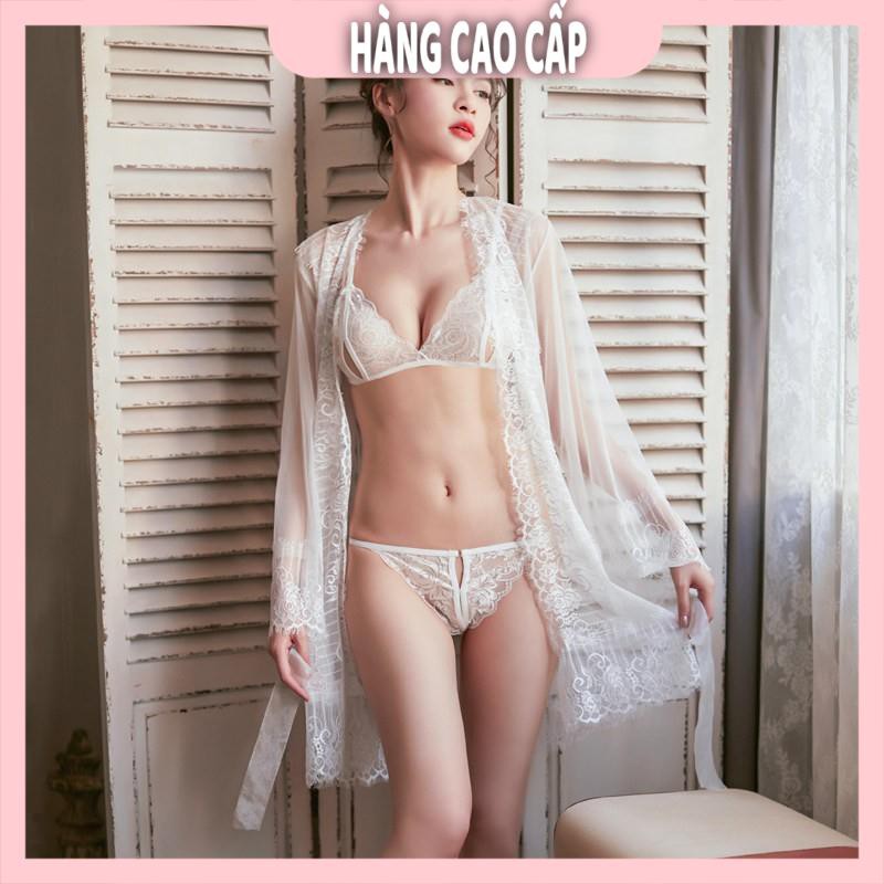 Set ngủ ren sexy áo choàng ngủ ren xuyên thấu kèm chip lọt khe và áo ngực ren | BigBuy360 - bigbuy360.vn