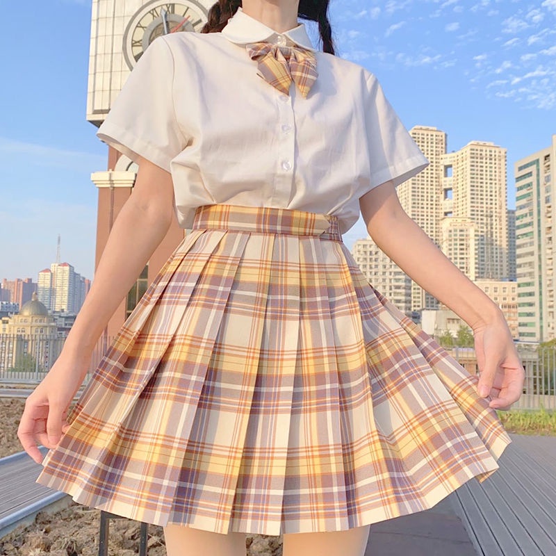 Bộ Đồng Phục Nữ Sinh Nhật Bản Chính Hãng jk Set Áo Sơ Mi Ngắn Váy Xếp Ly Sọc Ca Rô Phong Cách Preppy