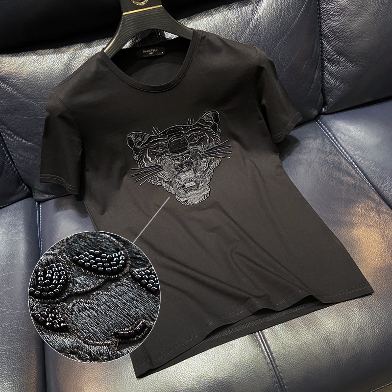 Áo Thun Tay Ngắn Chất Liệu Cotton Lụa Lạnh Thêu Hình Đầu Hổ Thời Trang Cao Cấp Cho Nam