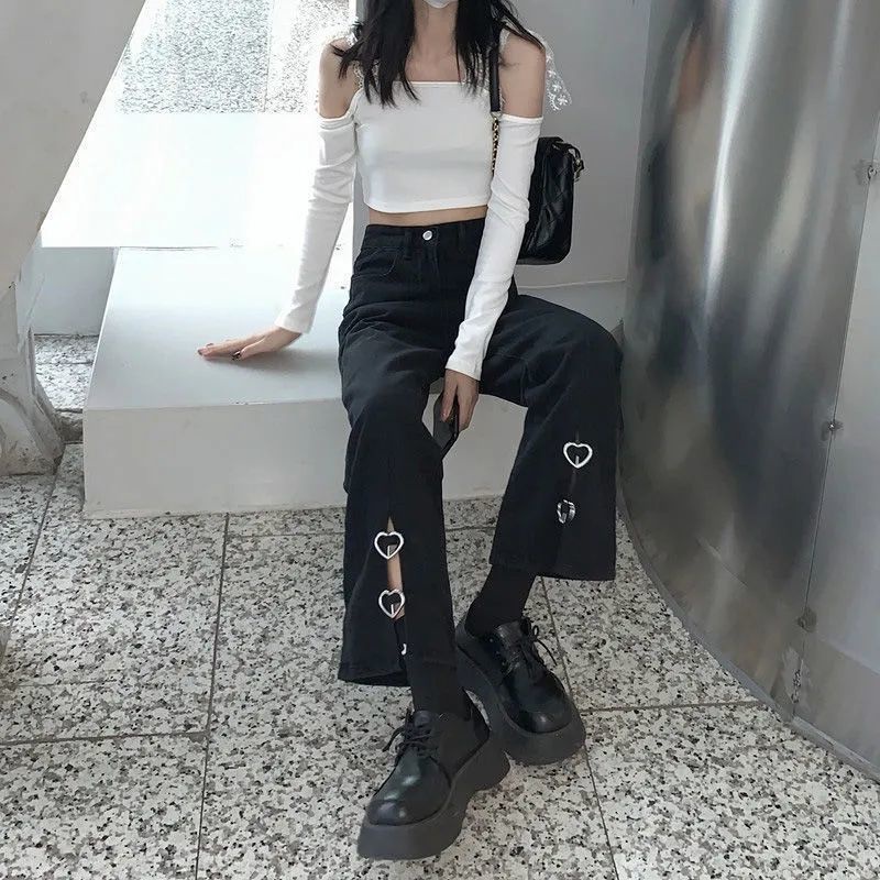 Quần Jean Ống Rộng Dáng Suông Năng Động Thời Trang Phong Cách Hồng Kông Cho Nữ