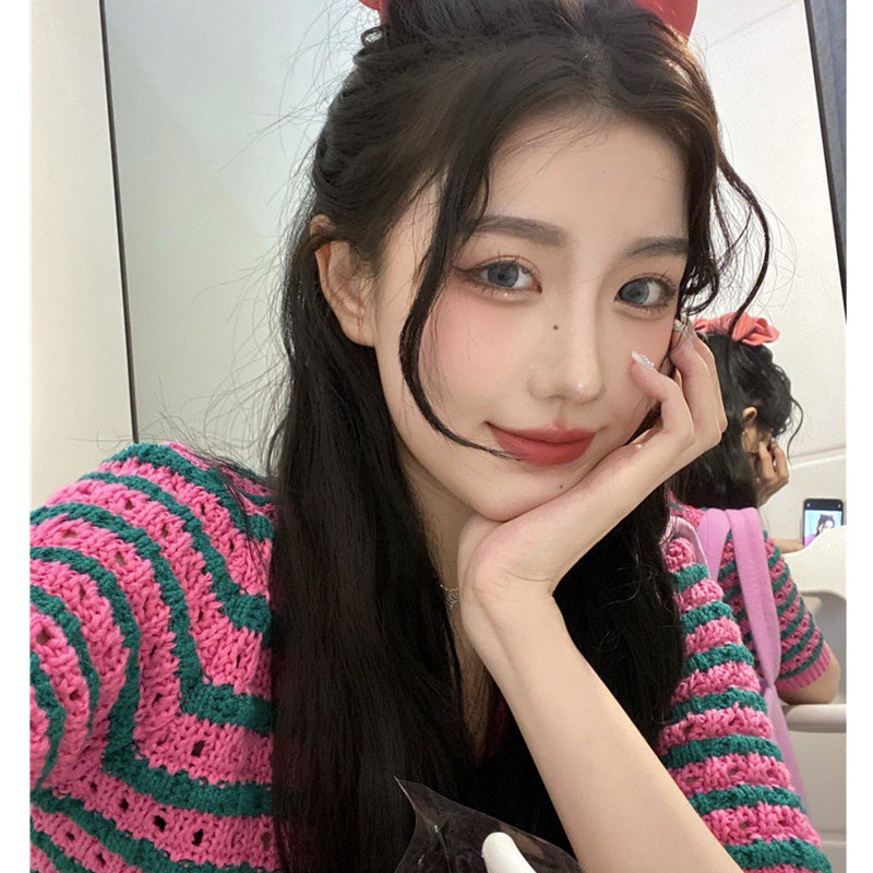 Áo Khoác Cardigan Dệt Kim Kẻ Sọc Màu Hồng Tương Phản Phong Cách Hàn Quốc