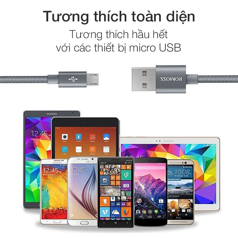 Cáp sạc nhanh micro USB bọc Nylon Romoss dài 1m (X) - Hãng phân phối chính thức