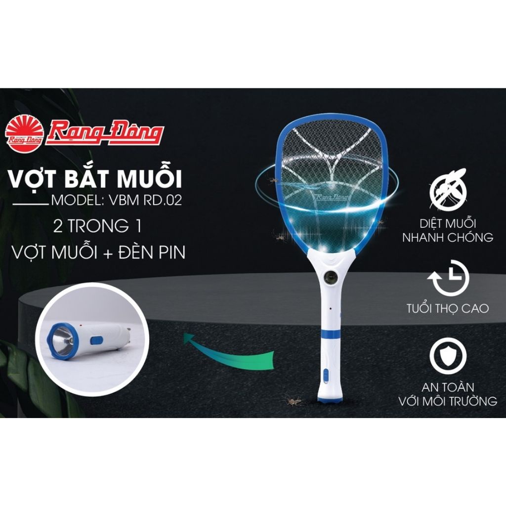 Vợt bắt muỗi Rạng Đông VBM RD.02 & VBM RD.03 & VBM RD.05, Tích hợp đèn pin siêu sáng, có thể tháo rời, Bảo hành 12 Tháng