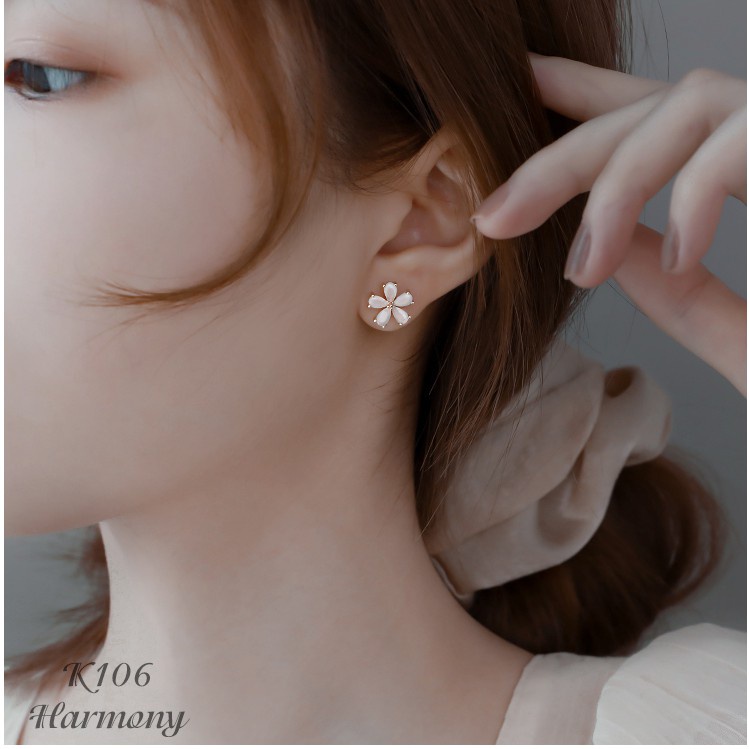 Khuyên tai nữ bạc hoa Anh Đào đá mắt mèo mạ vàng xinh xắn, sang chảnh | HARMONY ACCESSORIES K106