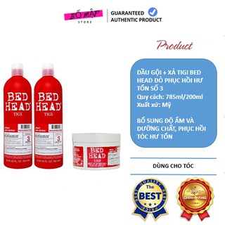 [SALE] [CAM KẾT 100% CHÍNH HÃNG] Dầu gội xả TIGI BED HEAD đỏ Mỹ 750ml + ủ TIGI đỏ 200ml phục hồi hư tổn số 3