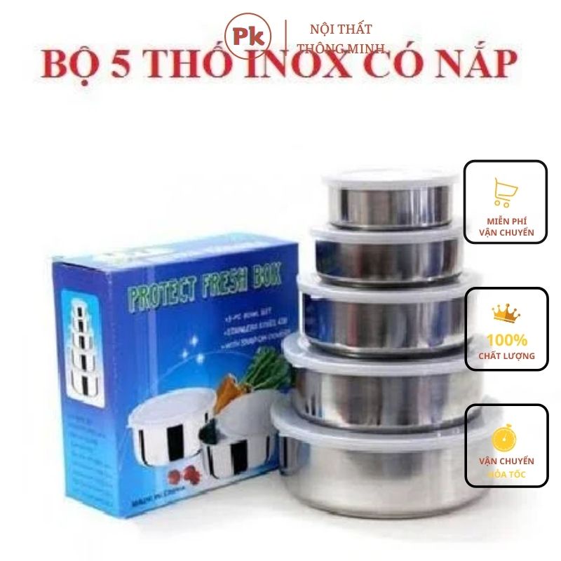 Bộ 5 thố inox đựng thực phẩm có kèm nắp đậy đa năng