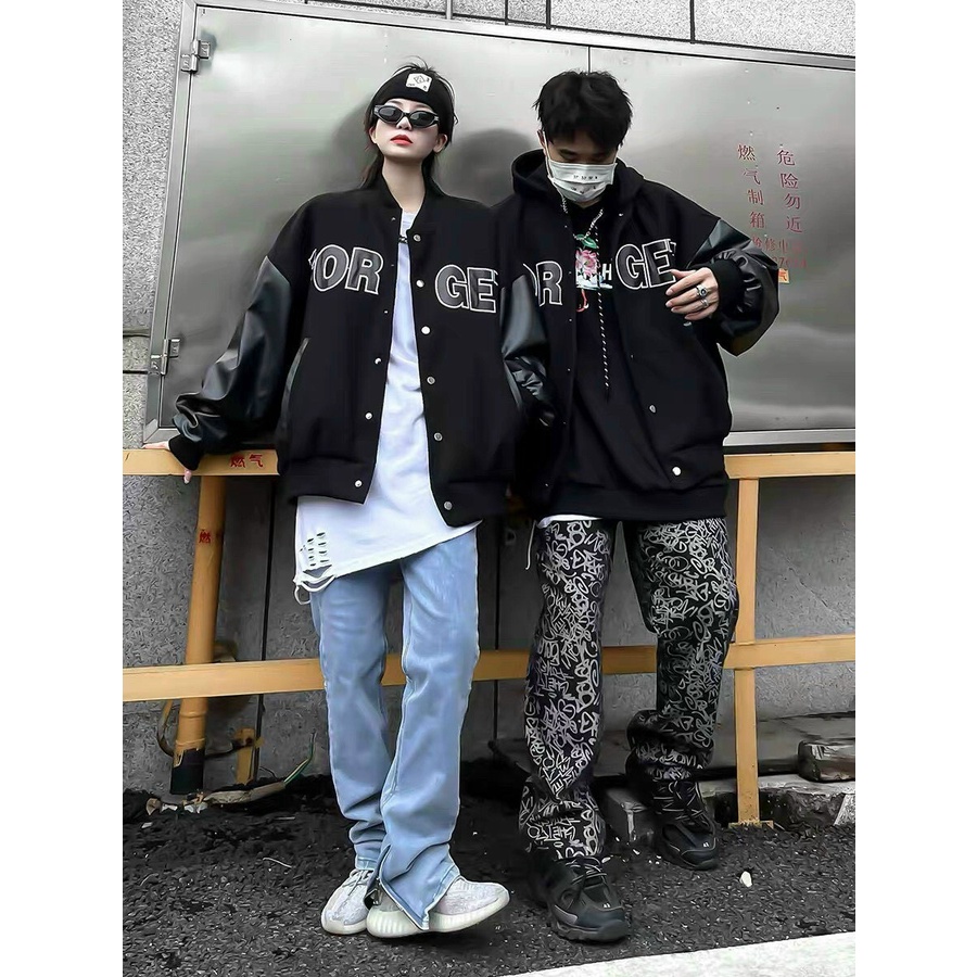 Áo Khoác Bomber Varsity Phối Tay Da Jacket Nam Nữ Full Đen Unisex Chất Kaki Dày