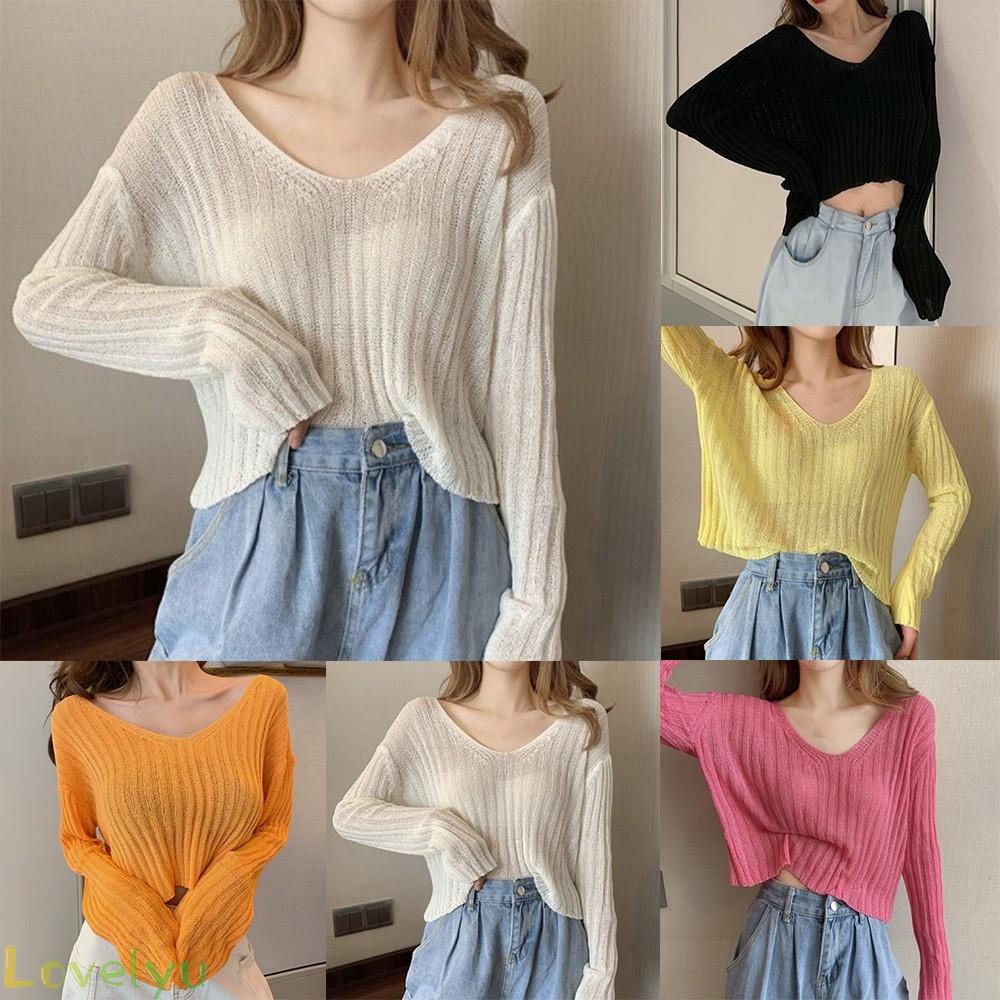 Áo dệt kim tay dài cổ chữ V trễ vai màu trơn 100% hàng mới chất lượng cao