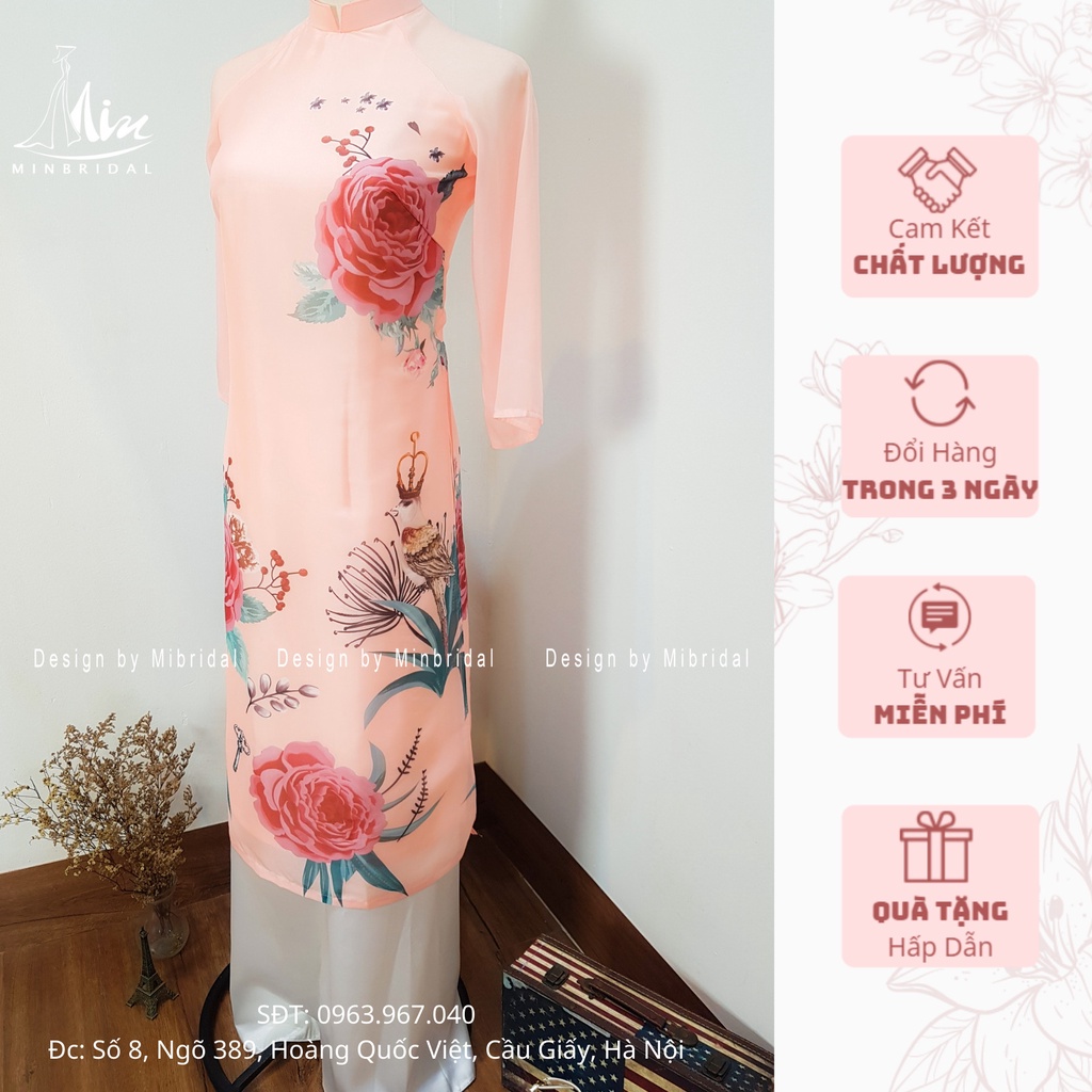 Áo dài các tân dáng xuông 4 tà chất liệu voan tơ óng in hoa văn, màu vàng | BigBuy360 - bigbuy360.vn