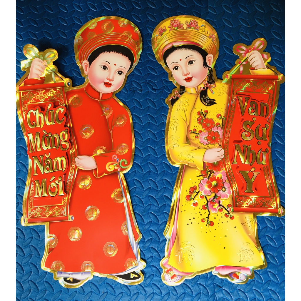 1 dôi decal trang trí tết cổ tuyền Cô cậu, decal TQ, Decal Mèo vàng