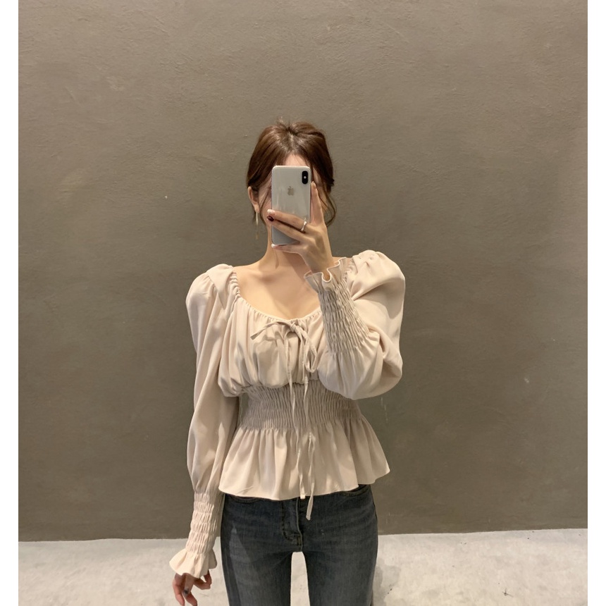 Áo Sơ Mi Tay Phồng Dài Cổ Vuông Kiểu Vintage Pháp Dễ Thương Cho Nữ