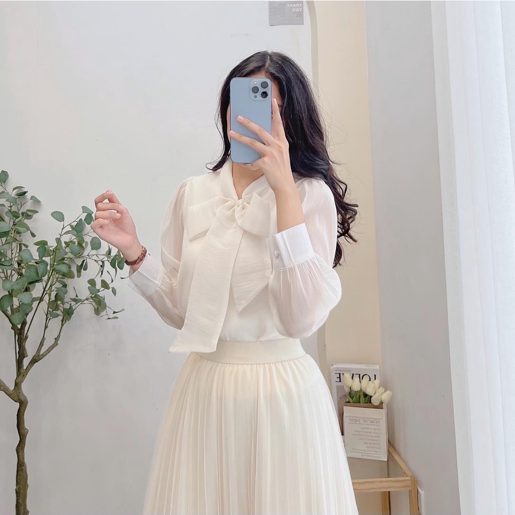 Áo Sơ Mi Dài Tay Công Sở Nữ Minz Store Mã 3326, Thiết Kế Chất Liệu Tơ Cổ Buộc Nơ