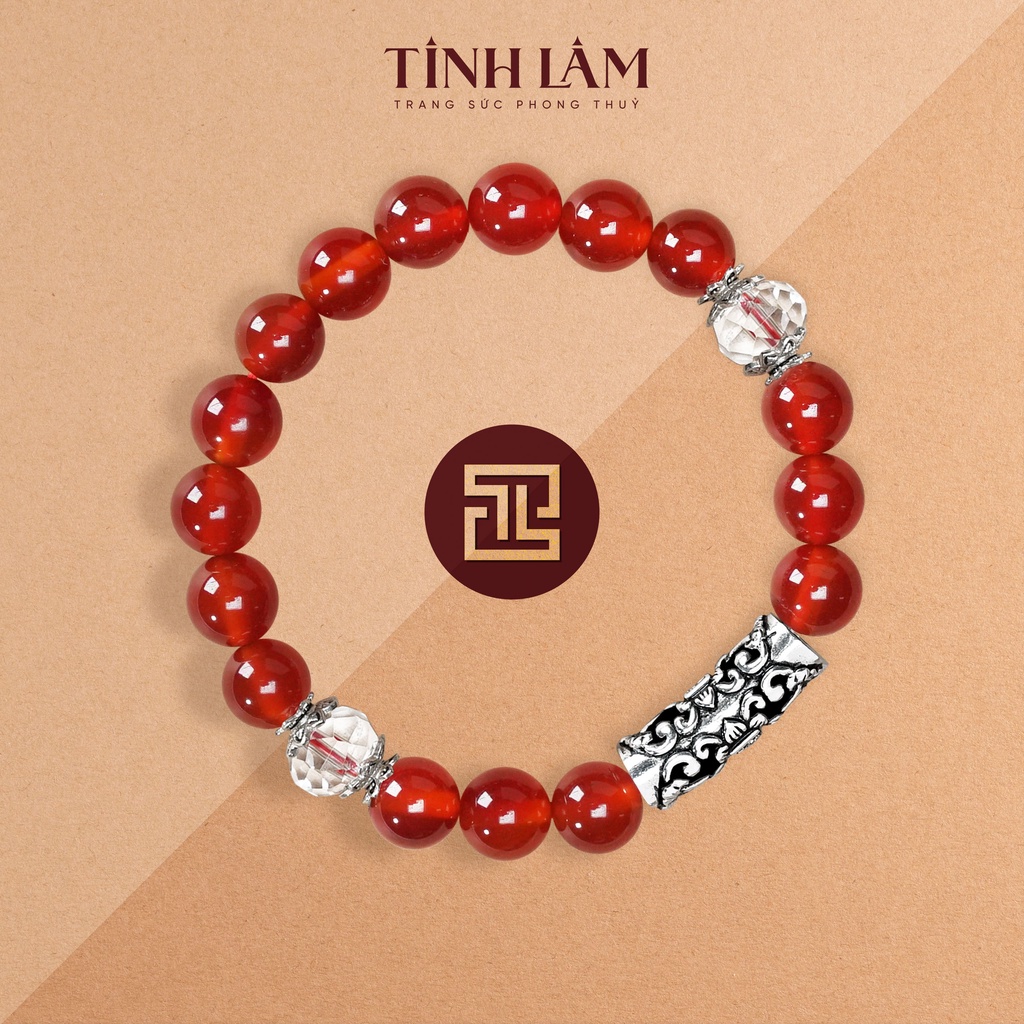 TINH LÂM Vòng Tay Phong Thủy Red Agate 8 Li - Charm Hoa Sen Phối Đá Thạch Anh