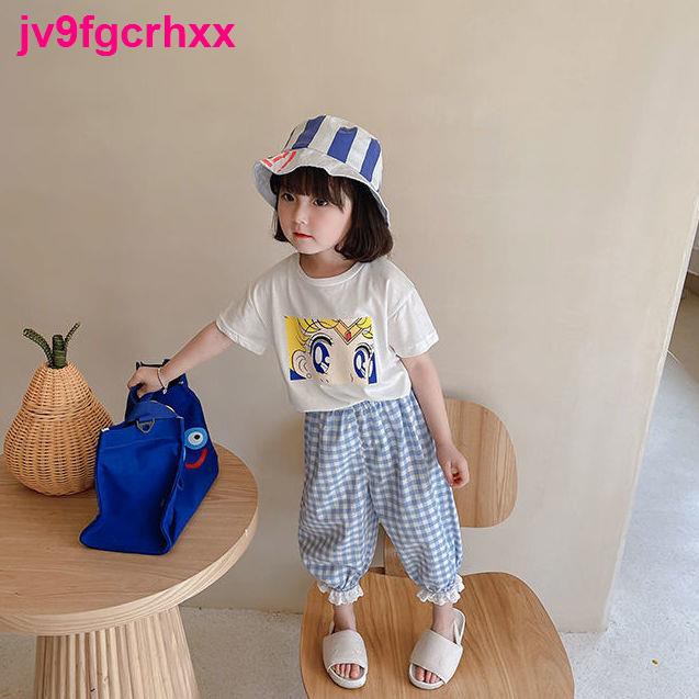 quần gáiBộ đồ bé gái hè 2021 hoạt hình mới hai mảnh kiểu tây girl xinh T - áo sơ mi trẻ em kẻ sọc quần ren hợp th