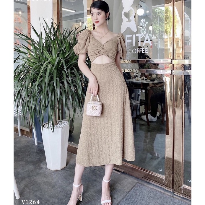 Đầm Váy Thun Xốp Xoắn Ngực Tay Bồng 2 Lớp Cao Cấp F4HT