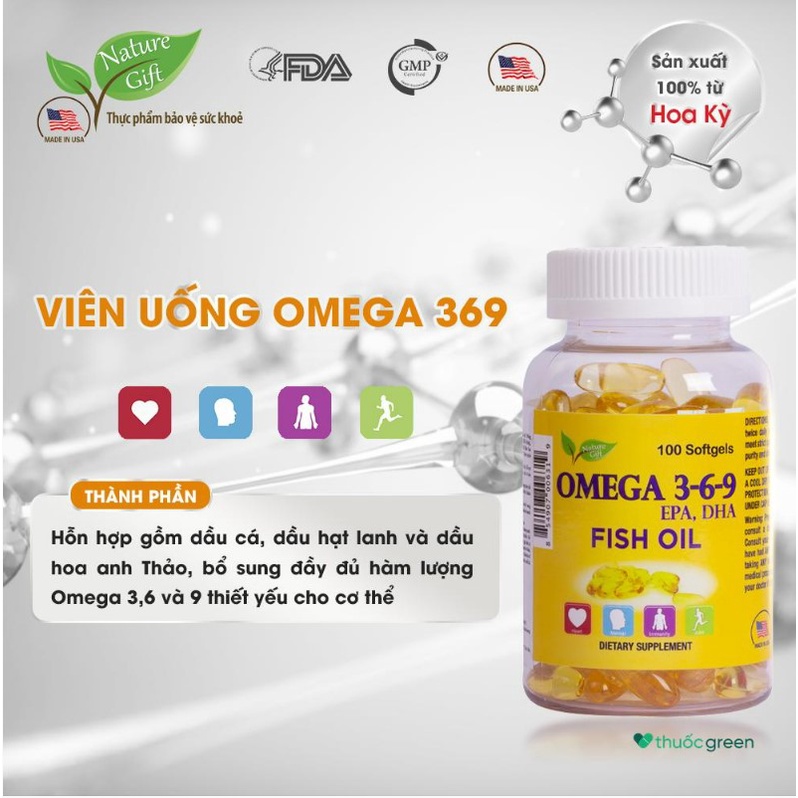 Viên dầu cá Omega 369 Nature Gift giảm mỡ máu, tốt cho não, mắt, tim mạch Hộp 100v