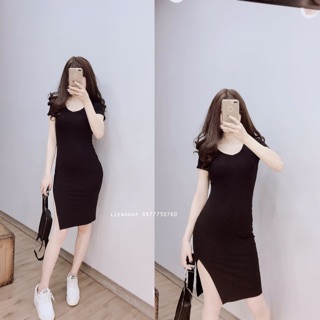 Đầm body thun cổ tim tay con xẻ tà