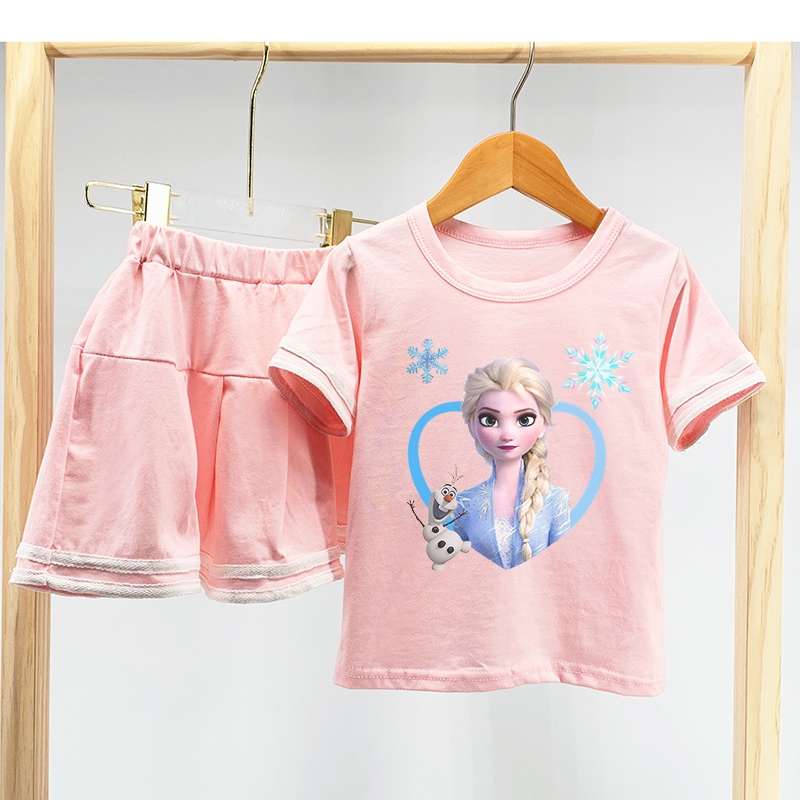 Bộ Áo Thun Tay Ngắn In Hình Công Chúa Elsa Anna Năm 2021 + Chân Váy Xếp Ly Cho Bé Gái (2-8 Tuổi)