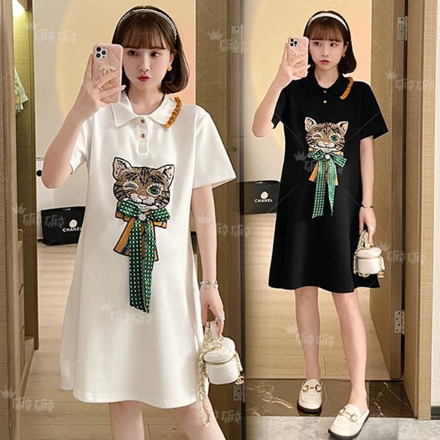 Đầm Bầu Cổ POLO Dáng Dài In Họa Tiết Mèo Hoạt Hình Đính Nơ Thời Trang Mùa Hè Xinh Xắn