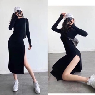 Đầm thun body tay dài xẻ tà