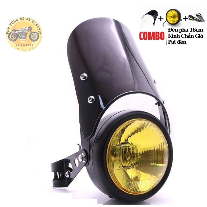 Combo đèn pha độ 16cm cùng kính chắn gió và bộ pat gắn đèn vào phuộc dùng độ xe CLASSIC
