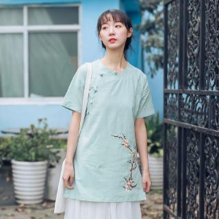 Áo Kiểu Sườn Xám Cách Tân Tay Lửng Bằng Cotton Lanh Thêu Họa Tiết Phong Cách Trung Hoa Cho Nữ