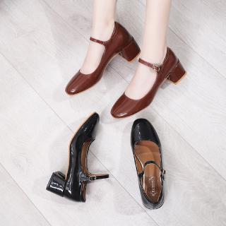 Giày Da Mũi Vuông Đế Dày Phối Khóa Cài Phong Cách Retro Hàn Quốc